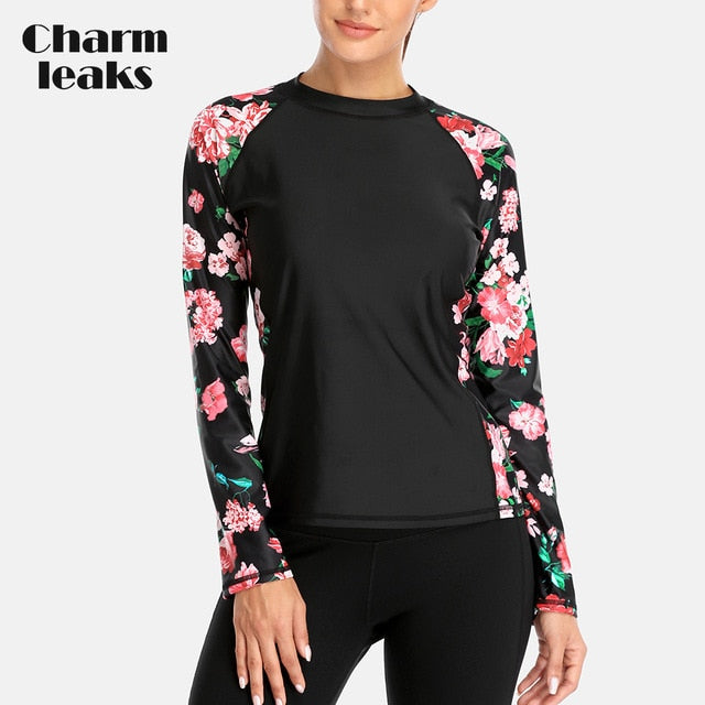 Charmleaks Women' Rash Guard Swimwear Long Sleeve Rashguard Biking Shirts Surf Top Retro Print Running Shirt Swimsuit UPF 50+ - EVERTHINGZ