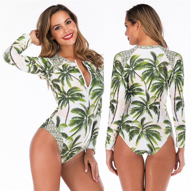 2020 Long Sleeves Rashguard Women Surf Swimwear Floral One Piece Swimsuit For Diving UV Swimming Shirt Rash Guard Wetsuits - EVERTHINGZ