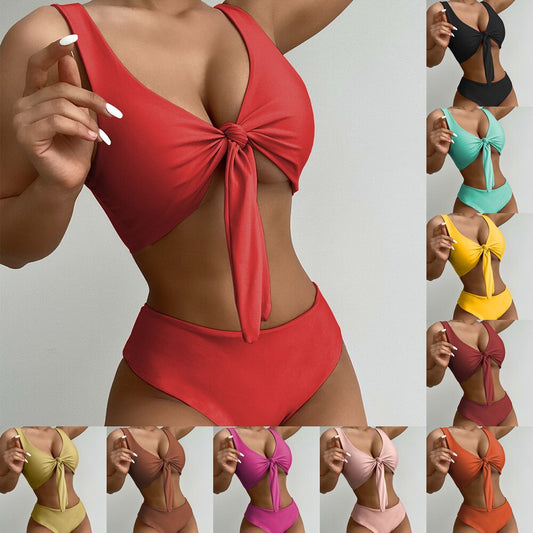 New solid color bikini bow swimsuit European and American swimsuit women's swimwear beach bikini top  bathing suit - EXTIWA