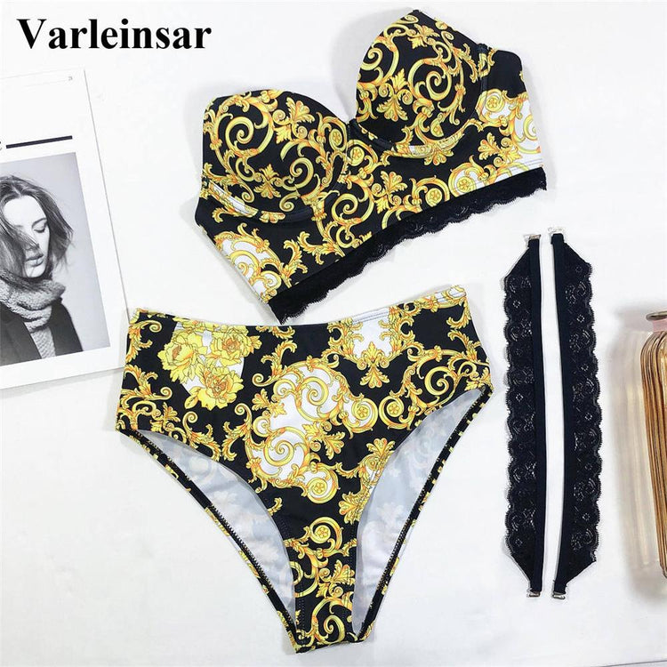 New Sexy High Waist Bikini Female Swimsuit Women Swimwear Two-pieces Bikini set With Lace Straps Bather Bathing Suit - EXTIWA