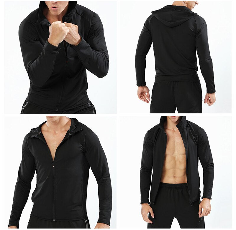 BARBOK Autumn Running Jacket Long Sleeve Sports Hooded Shirt Zipper Running T Shirts Compression Men Gym Jogging Fitness Top - EXTIWA