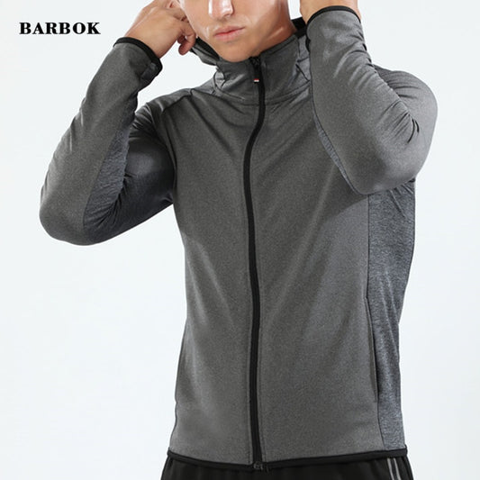 BARBOK Autumn Running Jacket Long Sleeve Sports Hooded Shirt Zipper Running T Shirts Compression Men Gym Jogging Fitness Top - EXTIWA