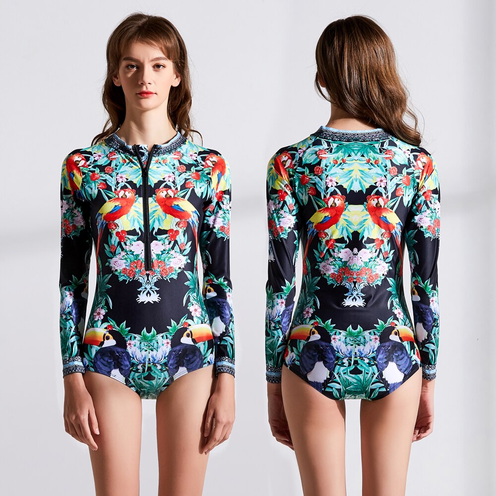 Diving One Piece Swimsuit Print Long Sleeve Women Swimwear Bathing Suit Rash Guard Surfing Swimming Suit Rashguard - EXTIWA