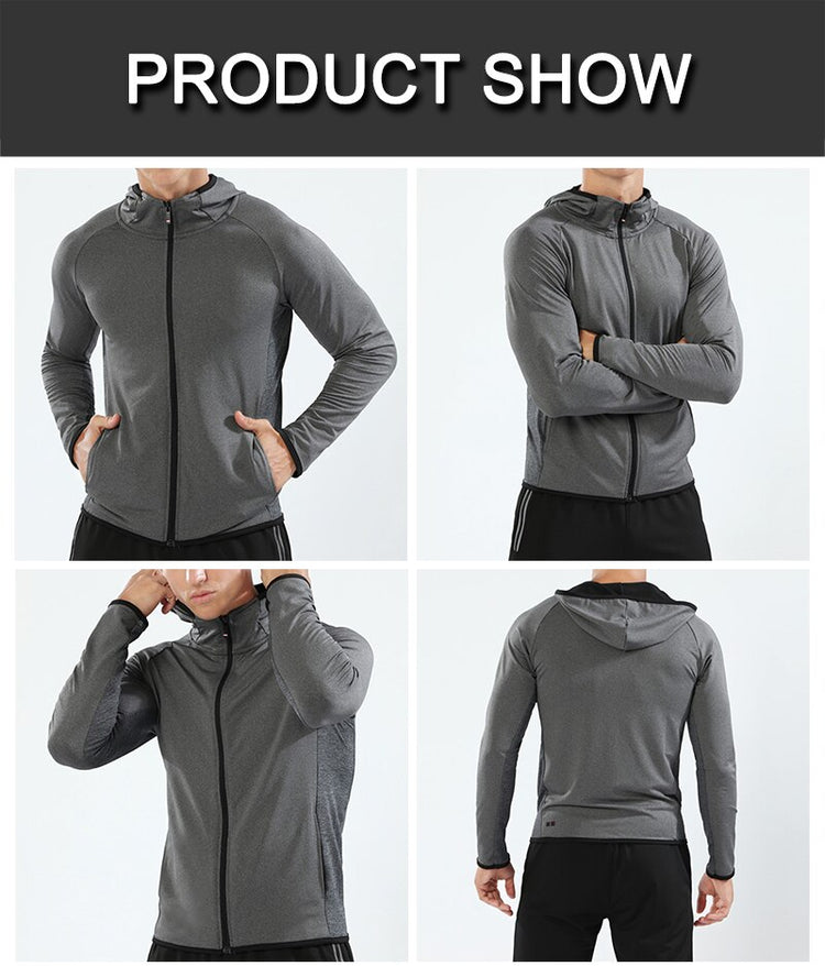 BARBOK Autumn Running Jacket Long Sleeve Sports Hooded Shirt Zipper Running T Shirts Compression Men Gym Jogging Fitness Top - EXTIWA