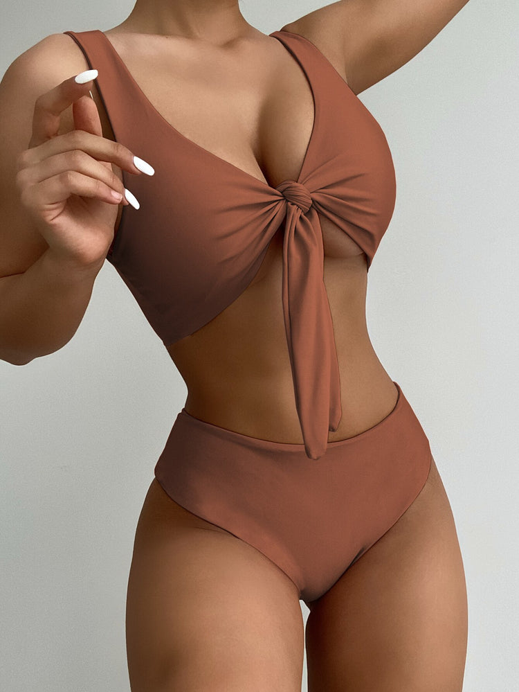 New solid color bikini bow swimsuit European and American swimsuit women's swimwear beach bikini top  bathing suit - EXTIWA
