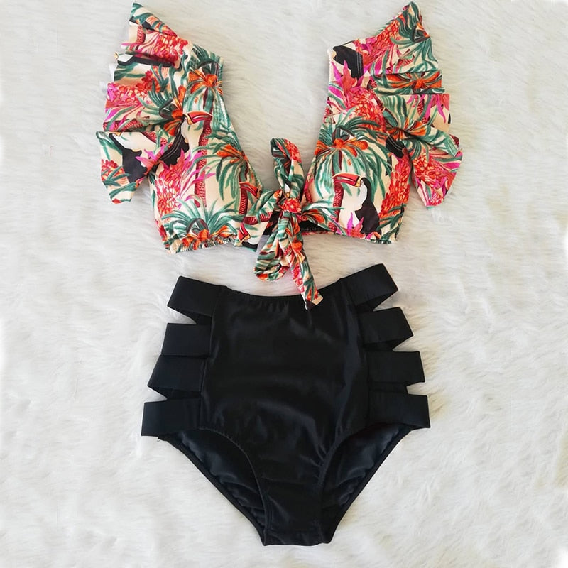 High Waist Bikini Ruffle Swimwear Women Print Sexy Swimsuit Push Up Bikinis Plus Size Bathing Suits Floral Beach Wear - EXTIWA