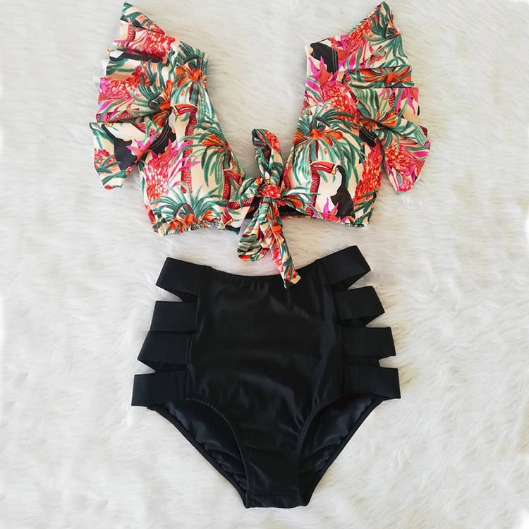 High Waist Bikini Ruffle Swimwear Women Print Sexy Swimsuit Push Up Bikinis Plus Size Bathing Suits Floral Beach Wear - EXTIWA