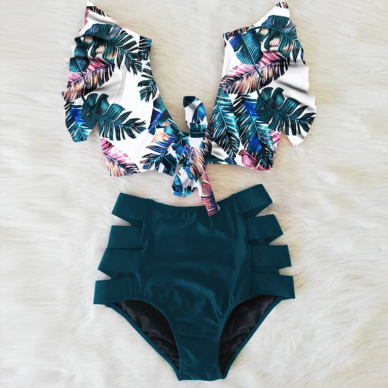 High Waist Bikini Ruffle Swimwear Women Print Sexy Swimsuit Push Up Bikinis Plus Size Bathing Suits Floral Beach Wear - EXTIWA