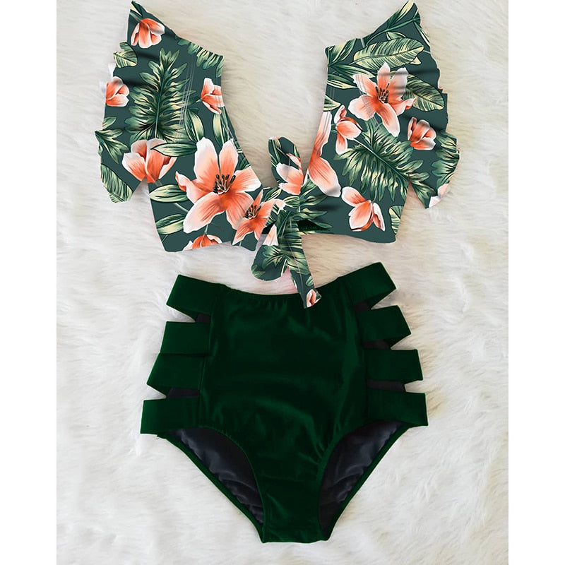 High Waist Bikini Ruffle Swimwear Women Print Sexy Swimsuit Push Up Bikinis Plus Size Bathing Suits Floral Beach Wear - EXTIWA