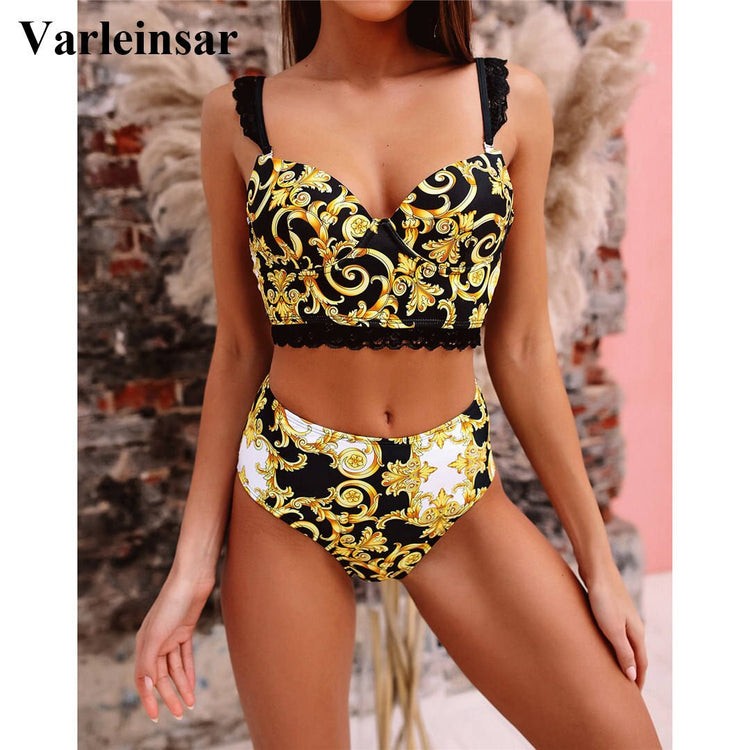 New Sexy High Waist Bikini Female Swimsuit Women Swimwear Two-pieces Bikini set With Lace Straps Bather Bathing Suit - EXTIWA