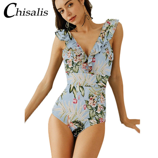 Sexy Printed Swimsuit Women Ruffled One Piece Swimsuit Striped High Waist Push Up Swimwear Female Retro Bodysuit Monokini - EXTIWA