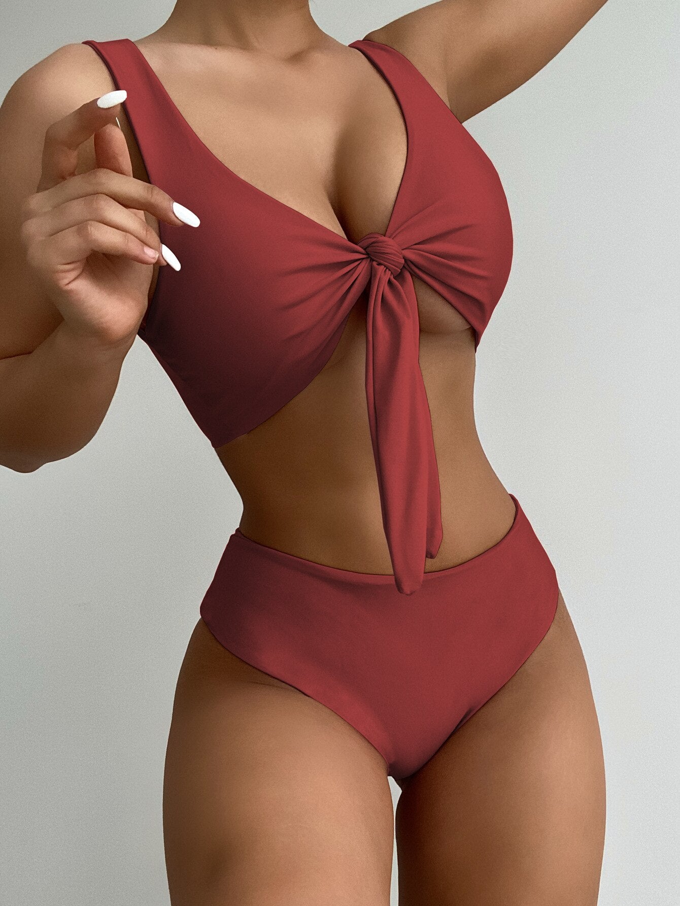 New solid color bikini bow swimsuit European and American swimsuit women's swimwear beach bikini top  bathing suit - EXTIWA
