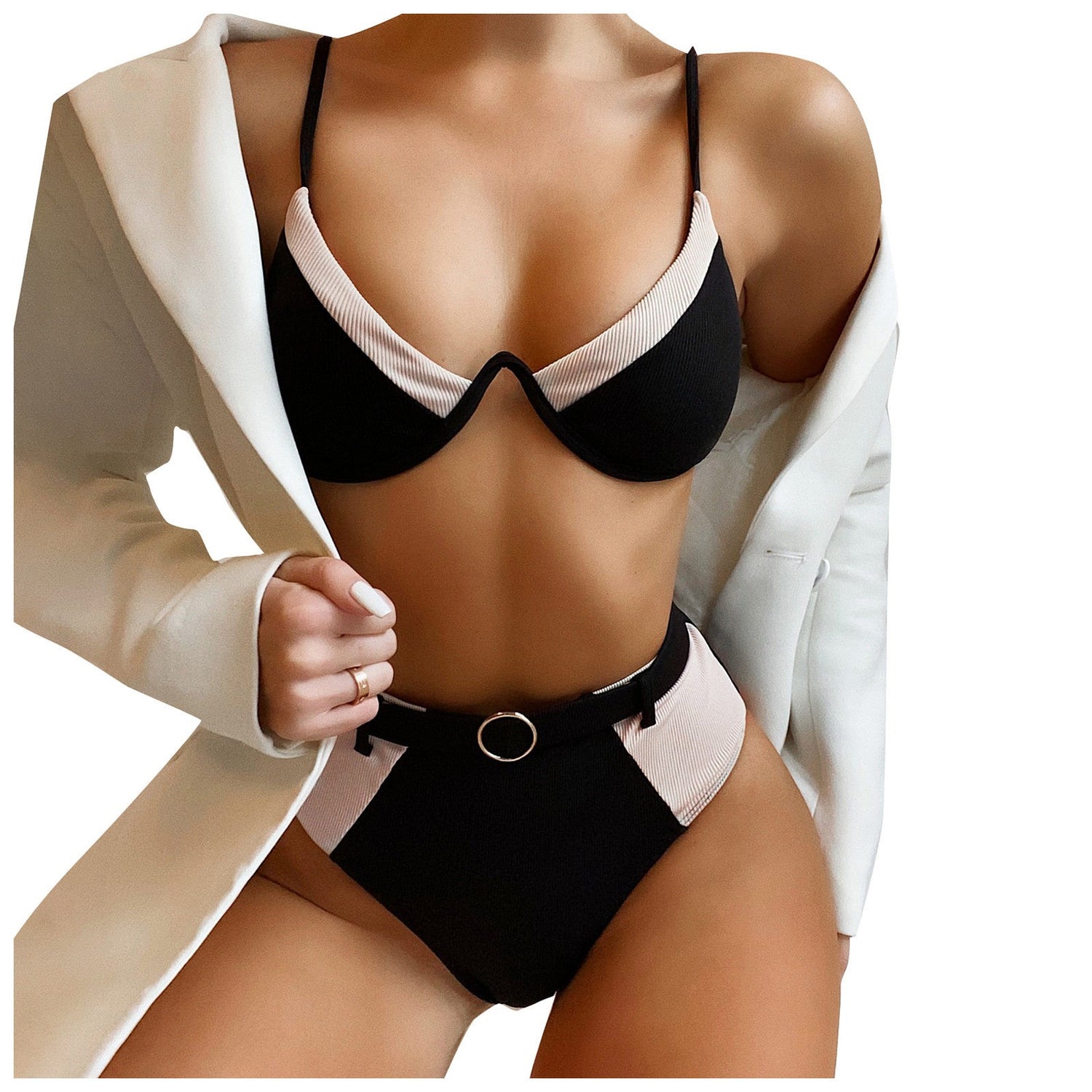 Women's Fashion 2 Piece Padded Sexy High Waist Splicing Patchwork Waistband Split Bikini Swimsuit Beachwear Bathing Suit - EXTIWA