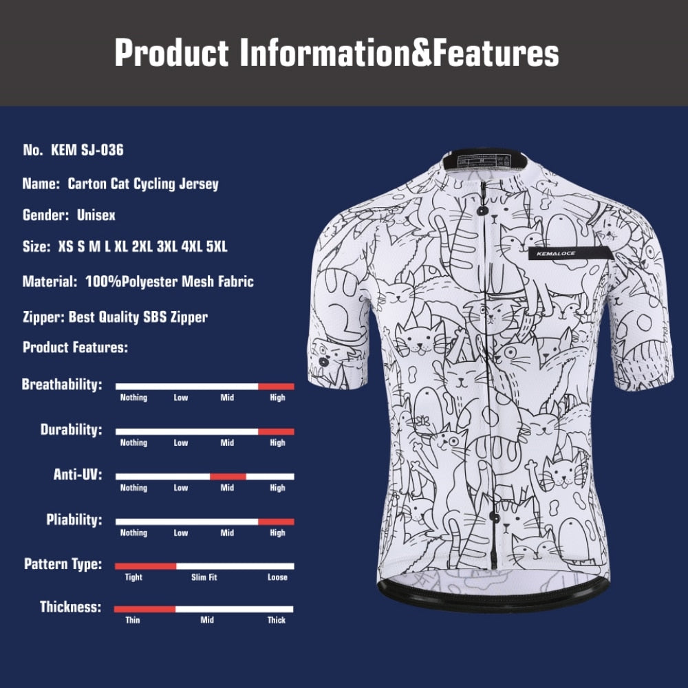 KEMALOCE Breathable Unisex White Cartoon Cat Cycling Jersey Spring Anti-Pilling Eco-Friendly Bike Clothing Top Road Team Bicycle - EXTIWA