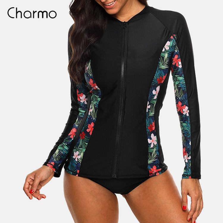 Charmo Women Long Sleeve Zipper Rashguard Swimsuit Floral Print Rush guard Swimwear Surfing Top Rash Guard Running Shirts UPF50+ - EVERTHINGZ