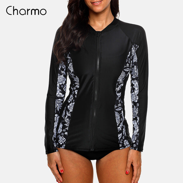 Charmo Women Long Sleeve Zipper Rashguard Swimsuit Floral Print Rush guard Swimwear Surfing Top Rash Guard Running Shirts UPF50+ - EVERTHINGZ