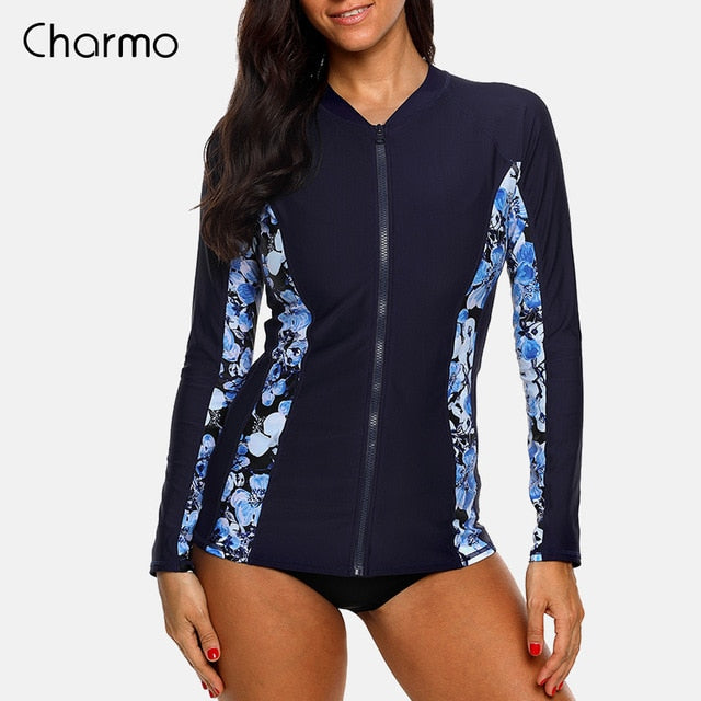 Charmo Women Long Sleeve Zipper Rashguard Swimsuit Floral Print Rush guard Swimwear Surfing Top Rash Guard Running Shirts UPF50+ - EVERTHINGZ