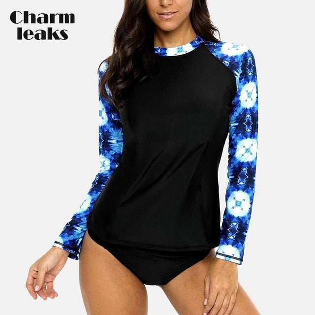 Charmleaks Women Long Sleeve Rashguard Floral Print Swimwear Surf Top Running Shirts Rash Guard UPF50+ Beach Wear - EVERTHINGZ