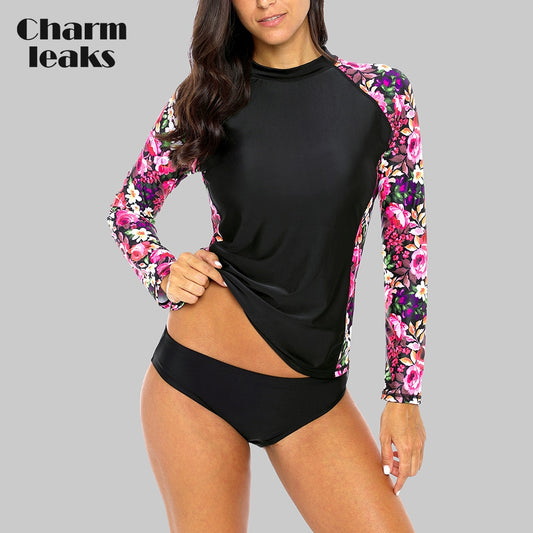 Charmleaks Women' Rash Guard Swimwear Long Sleeve Rashguard Biking Shirts Surf Top Retro Print Running Shirt Swimsuit UPF 50+ - EVERTHINGZ