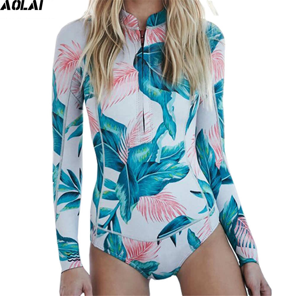 2019 Long Sleeves Rash Guard Women Surf Swimwear Floral One Piece Swimsuit For Diving UV Swimming Shirt Plavky Rashgard Wetsuits - EVERTHINGZ