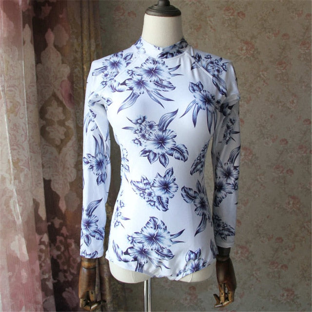 2019 Long Sleeves Rash Guard Women Surf Swimwear Floral One Piece Swimsuit For Diving UV Swimming Shirt Plavky Rashgard Wetsuits - EVERTHINGZ