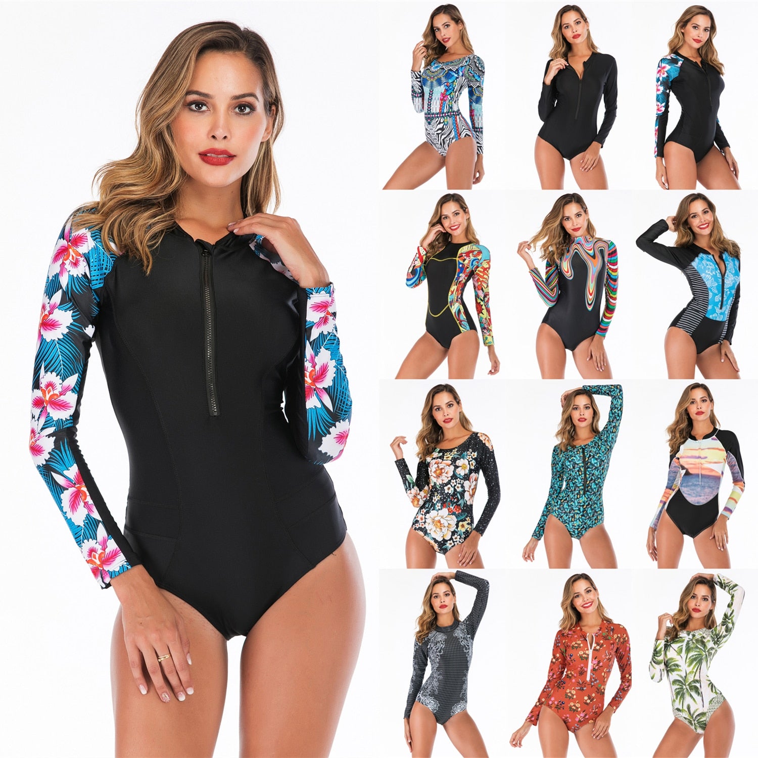 2020 Long Sleeves Rashguard Women Surf Swimwear Floral One Piece Swimsuit For Diving UV Swimming Shirt  Rash Guard Wetsuits - EVERTHINGZ