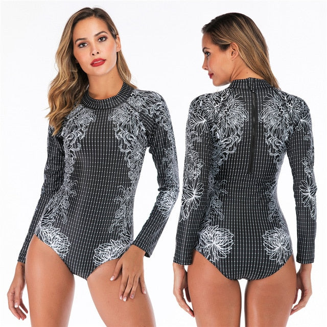 2020 Long Sleeves Rashguard Women Surf Swimwear Floral One Piece Swimsuit For Diving UV Swimming Shirt  Rash Guard Wetsuits - EVERTHINGZ