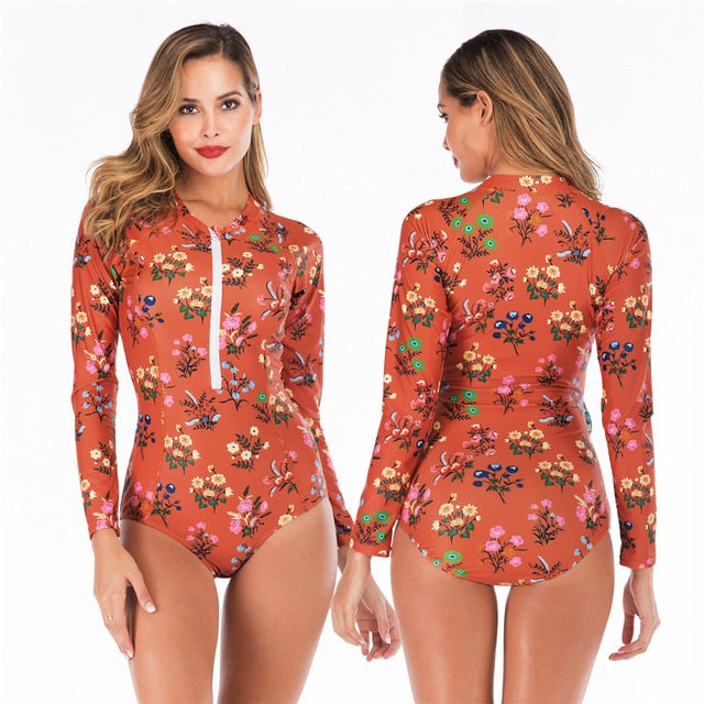 2020 Long Sleeves Rashguard Women Surf Swimwear Floral One Piece Swimsuit For Diving UV Swimming Shirt  Rash Guard Wetsuits - EVERTHINGZ