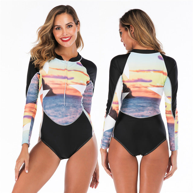 2020 Long Sleeves Rashguard Women Surf Swimwear Floral One Piece Swimsuit For Diving UV Swimming Shirt  Rash Guard Wetsuits - EVERTHINGZ