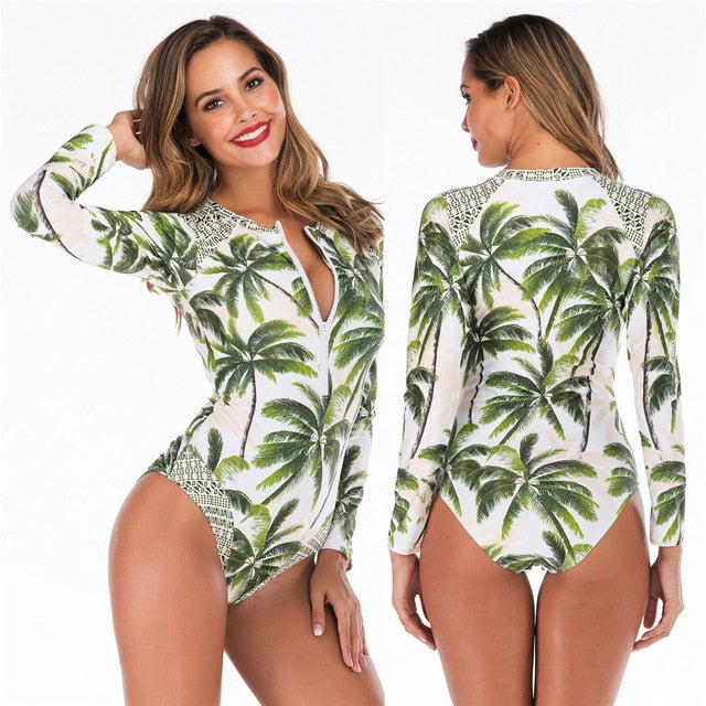 2020 Long Sleeves Rashguard Women Surf Swimwear Floral One Piece Swimsuit For Diving UV Swimming Shirt  Rash Guard Wetsuits - EVERTHINGZ