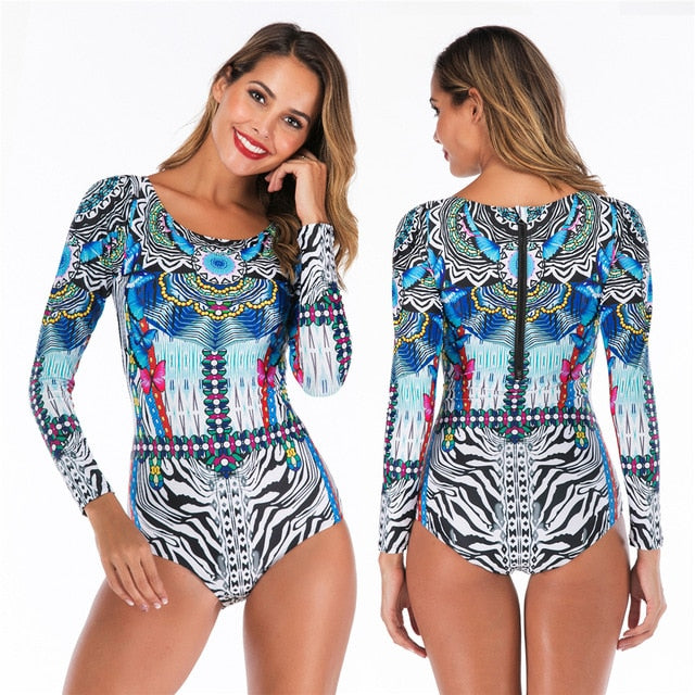 2020 Long Sleeves Rashguard Women Surf Swimwear Floral One Piece Swimsuit For Diving UV Swimming Shirt  Rash Guard Wetsuits - EVERTHINGZ