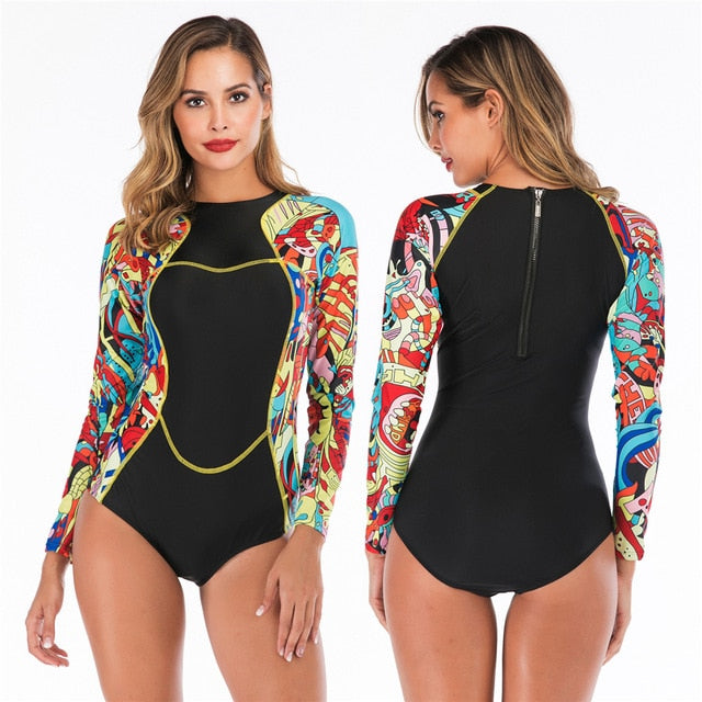 2020 Long Sleeves Rashguard Women Surf Swimwear Floral One Piece Swimsuit For Diving UV Swimming Shirt  Rash Guard Wetsuits - EVERTHINGZ