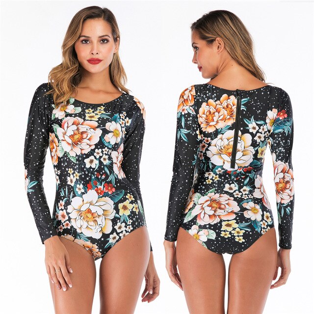 2020 Long Sleeves Rashguard Women Surf Swimwear Floral One Piece Swimsuit For Diving UV Swimming Shirt  Rash Guard Wetsuits - EVERTHINGZ