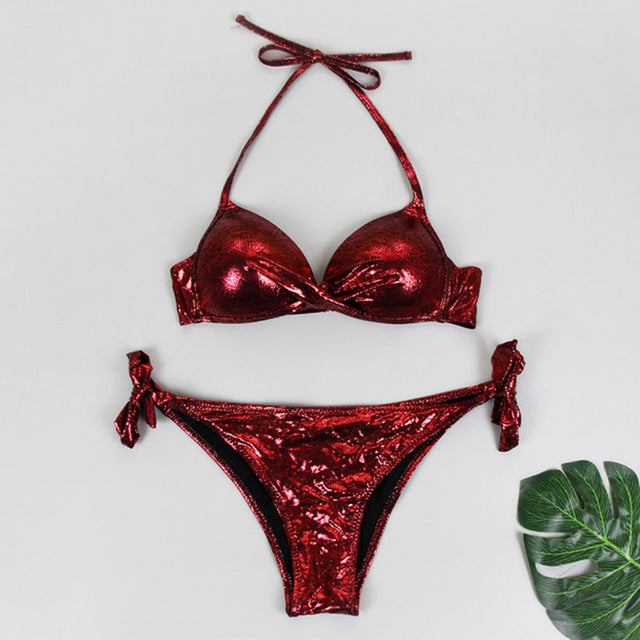 Sexy Bikinis 2020 Halter Swimsuit Solid Swimwear Women Plus Size Shiny Bordered Bikini Set Bathing Suit Push Up Two-piece Suit - EVERTHINGZ