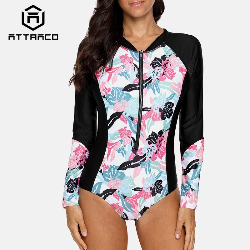 Attraco Women Long Sleeve Zipper Rashguard One-piece Swimsuit Swimwear Surfing Top Rash Guard UPF50+ Running Biking Shirt - EVERTHINGZ