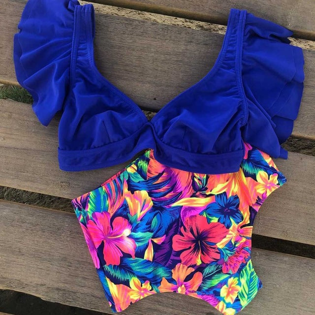 Floral Ruffled Hem Bikini Set Women Flora V-neck High-waisted Two Piece Swimsuit 2018 Girl Beach Bathing Suit Swimwear Biquinis - EVERTHINGZ