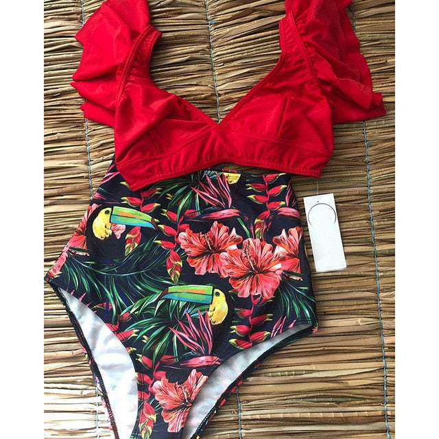 Floral Ruffled Hem Bikini Set Women Flora V-neck High-waisted Two Piece Swimsuit 2018 Girl Beach Bathing Suit Swimwear Biquinis - EVERTHINGZ