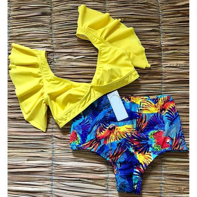 Floral Ruffled Hem Bikini Set Women Flora V-neck High-waisted Two Piece Swimsuit 2018 Girl Beach Bathing Suit Swimwear Biquinis - EVERTHINGZ