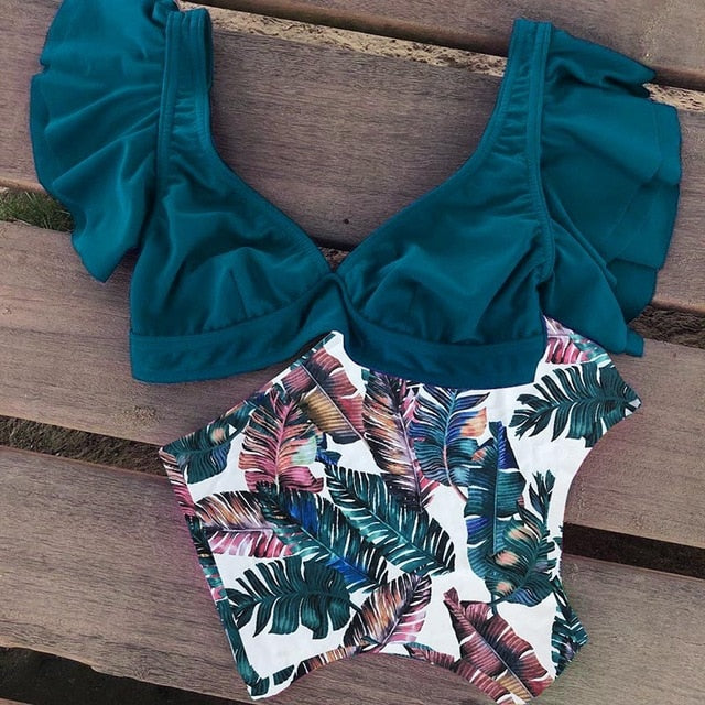 Floral Ruffled Hem Bikini Set Women Flora V-neck High-waisted Two Piece Swimsuit 2018 Girl Beach Bathing Suit Swimwear Biquinis - EVERTHINGZ