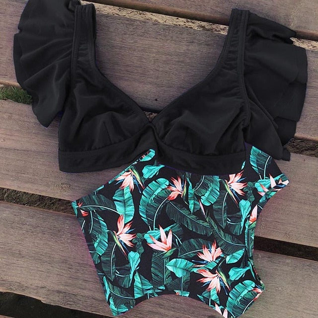 Floral Ruffled Hem Bikini Set Women Flora V-neck High-waisted Two Piece Swimsuit 2018 Girl Beach Bathing Suit Swimwear Biquinis - EVERTHINGZ