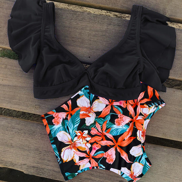 Floral Ruffled Hem Bikini Set Women Flora V-neck High-waisted Two Piece Swimsuit 2018 Girl Beach Bathing Suit Swimwear Biquinis - EVERTHINGZ