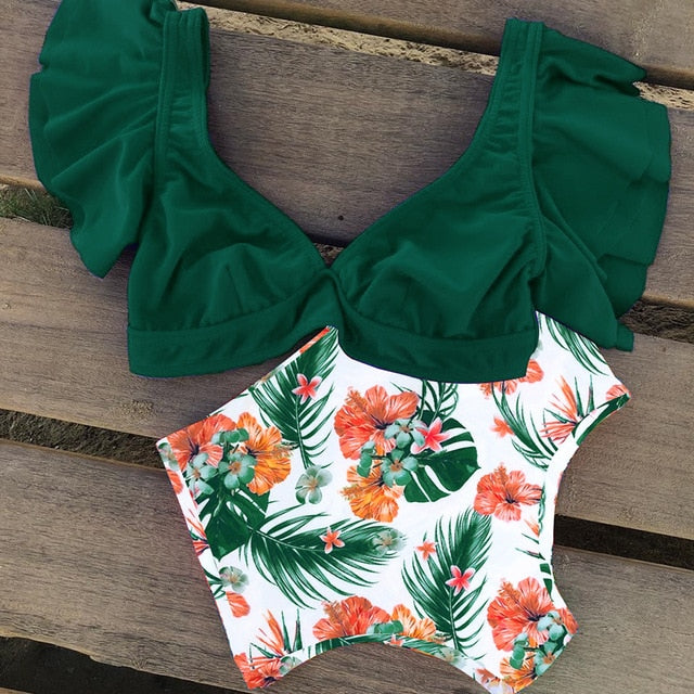 Floral Ruffled Hem Bikini Set Women Flora V-neck High-waisted Two Piece Swimsuit 2018 Girl Beach Bathing Suit Swimwear Biquinis - EVERTHINGZ