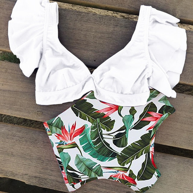 Floral Ruffled Hem Bikini Set Women Flora V-neck High-waisted Two Piece Swimsuit 2018 Girl Beach Bathing Suit Swimwear Biquinis - EVERTHINGZ