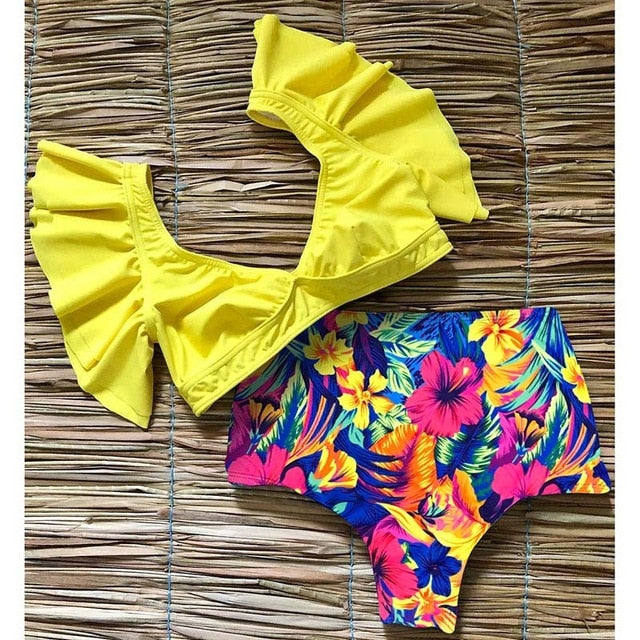 Floral Ruffled Hem Bikini Set Women Flora V-neck High-waisted Two Piece Swimsuit 2018 Girl Beach Bathing Suit Swimwear Biquinis - EVERTHINGZ