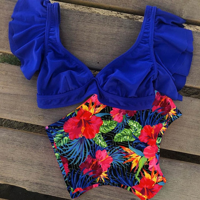 Floral Ruffled Hem Bikini Set Women Flora V-neck High-waisted Two Piece Swimsuit 2018 Girl Beach Bathing Suit Swimwear Biquinis - EVERTHINGZ