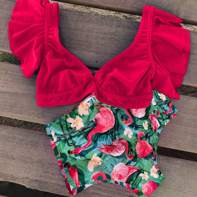 Floral Ruffled Hem Bikini Set Women Flora V-neck High-waisted Two Piece Swimsuit 2018 Girl Beach Bathing Suit Swimwear Biquinis - EVERTHINGZ