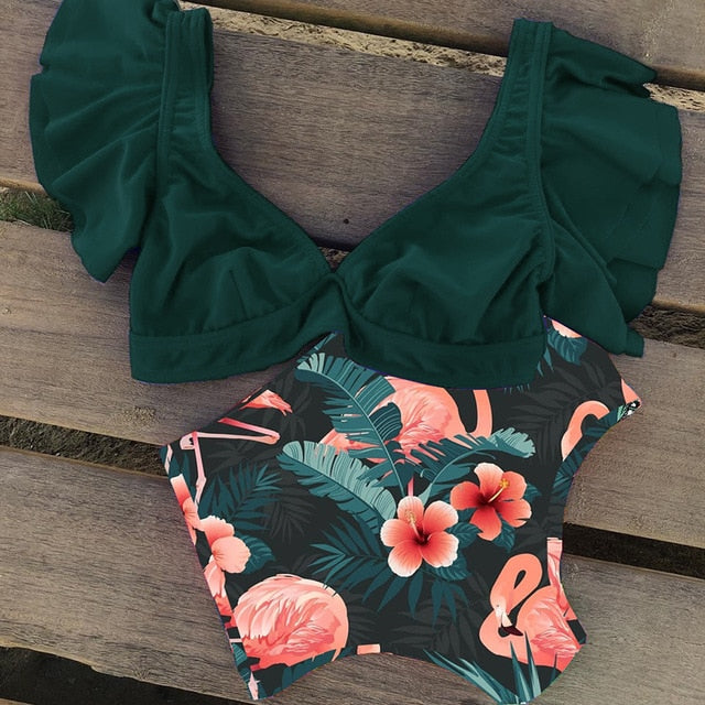 Floral Ruffled Hem Bikini Set Women Flora V-neck High-waisted Two Piece Swimsuit 2018 Girl Beach Bathing Suit Swimwear Biquinis - EVERTHINGZ