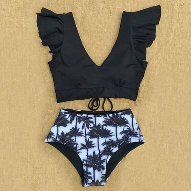 Floral Ruffled Hem Bikini Set Women Flora V-neck High-waisted Two Piece Swimsuit 2018 Girl Beach Bathing Suit Swimwear Biquinis - EVERTHINGZ