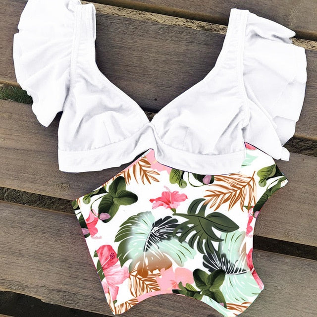 Floral Ruffled Hem Bikini Set Women Flora V-neck High-waisted Two Piece Swimsuit 2018 Girl Beach Bathing Suit Swimwear Biquinis - EVERTHINGZ