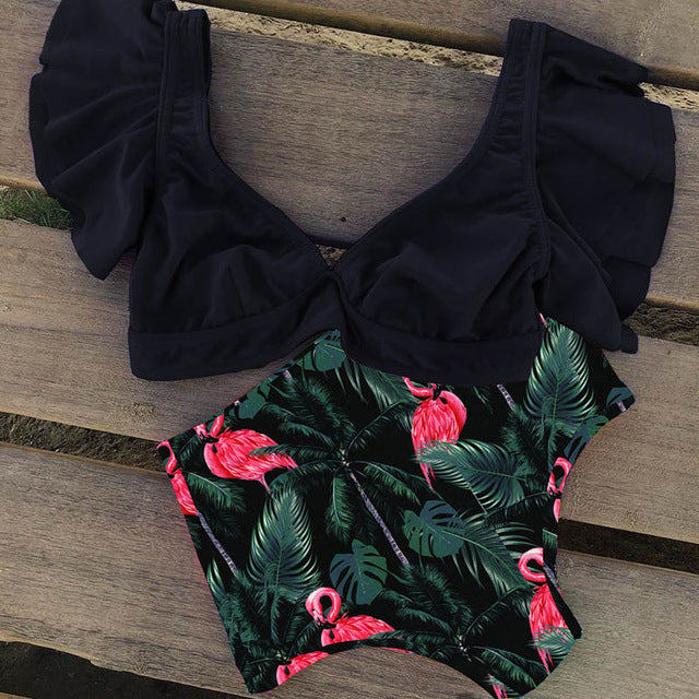 Floral Ruffled Hem Bikini Set Women Flora V-neck High-waisted Two Piece Swimsuit 2018 Girl Beach Bathing Suit Swimwear Biquinis - EVERTHINGZ